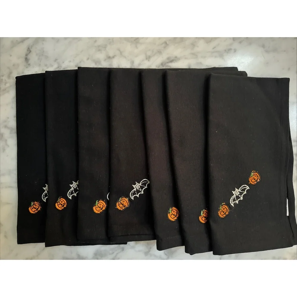 Vintage Halloween Napkins Cotton India Embroidered Pumpkin Bat Set Of Seven